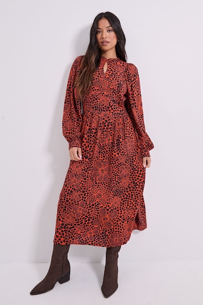 Dorothy Perkins Petite Keyhole Detail Waisted Blouson Sleeve Printed Midi Dress Orange