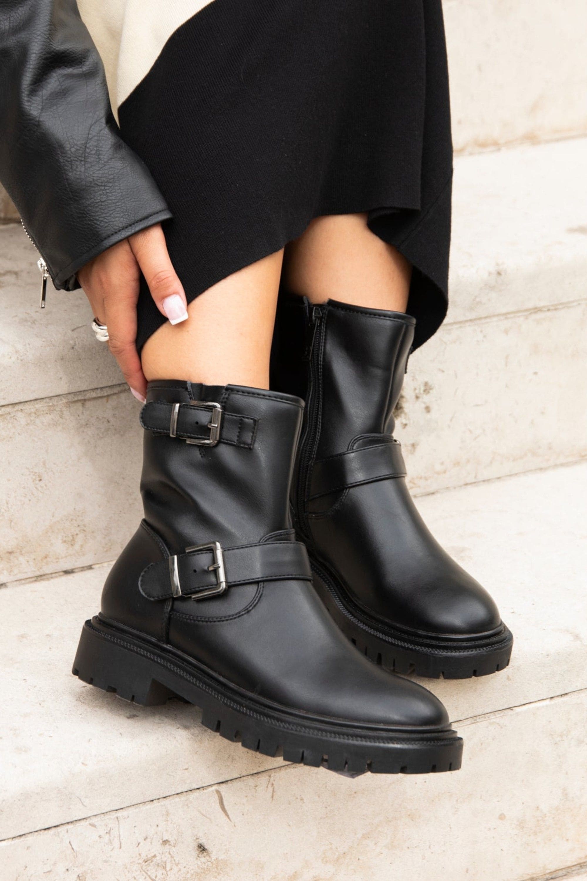 Linzi Trinity Black Faux Leather Biker Style Boot image 2