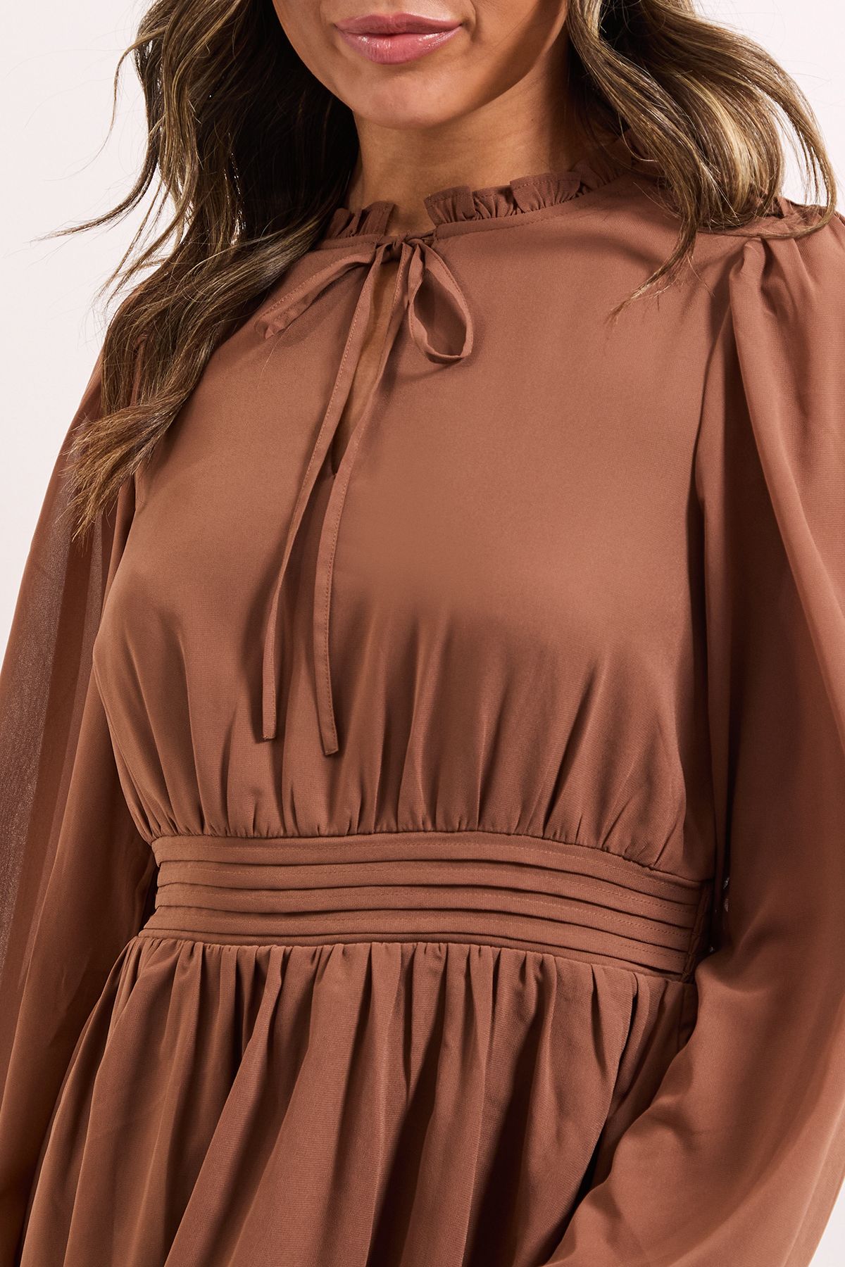 Dorothy Perkins Tie Neck Tiered Skirt Mini Dress Mocha image 5