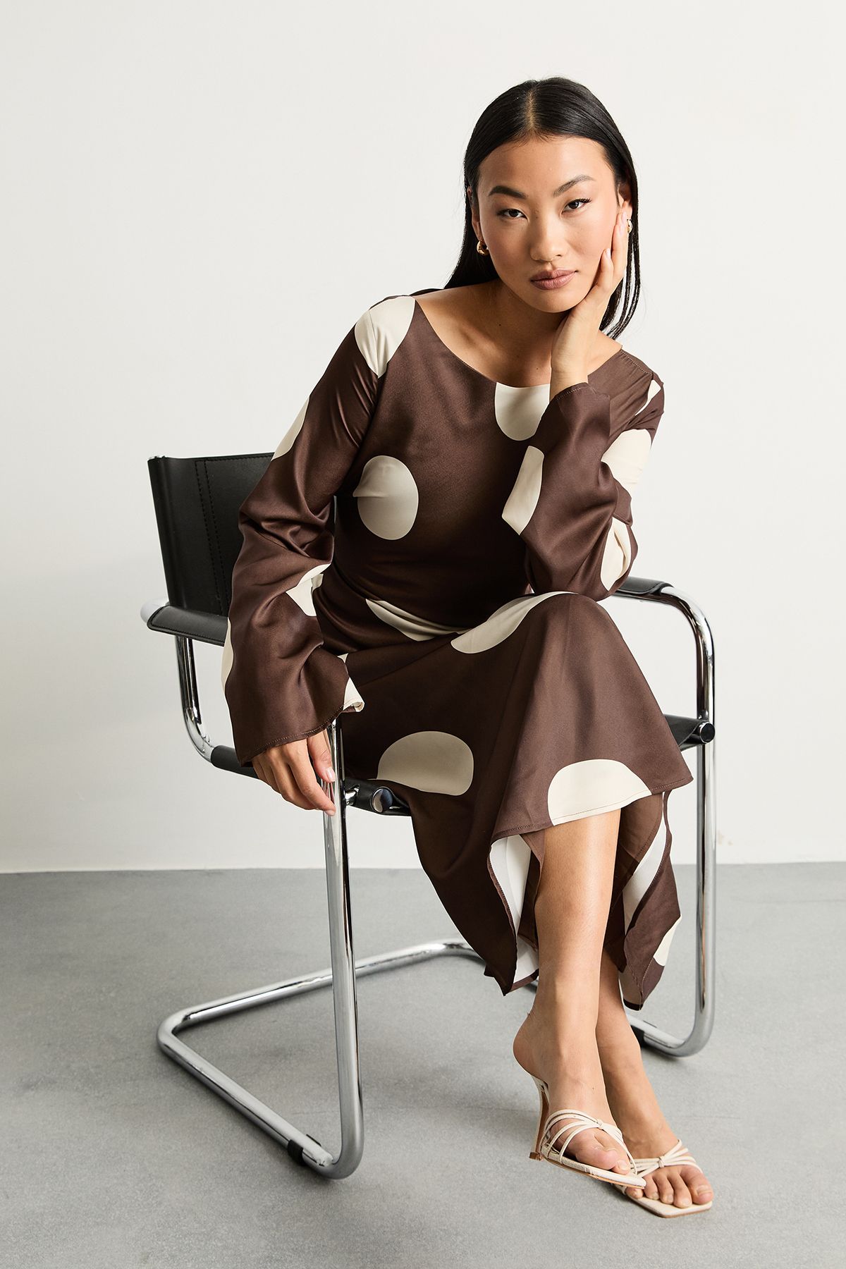 Warehouse Petite Polka Dot Scoop Back Long Sleeve Maxi Dress Brown image 2