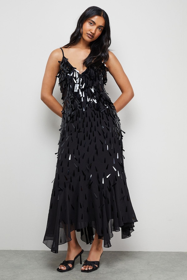 Warehouse Premium Teardrop Embellished Bias Cut Midi Dress Black