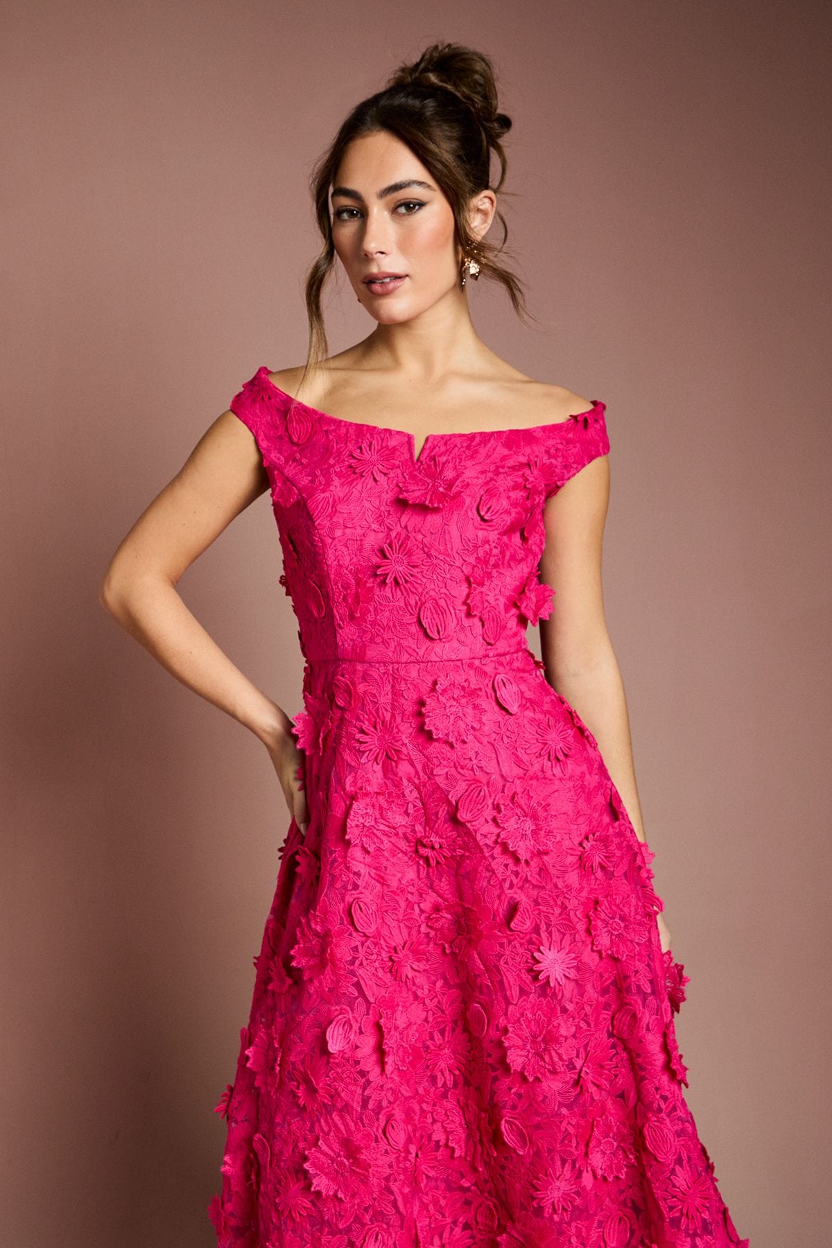 Coast 3d Floral Bardot Midi Dresss Hot Pink image 2