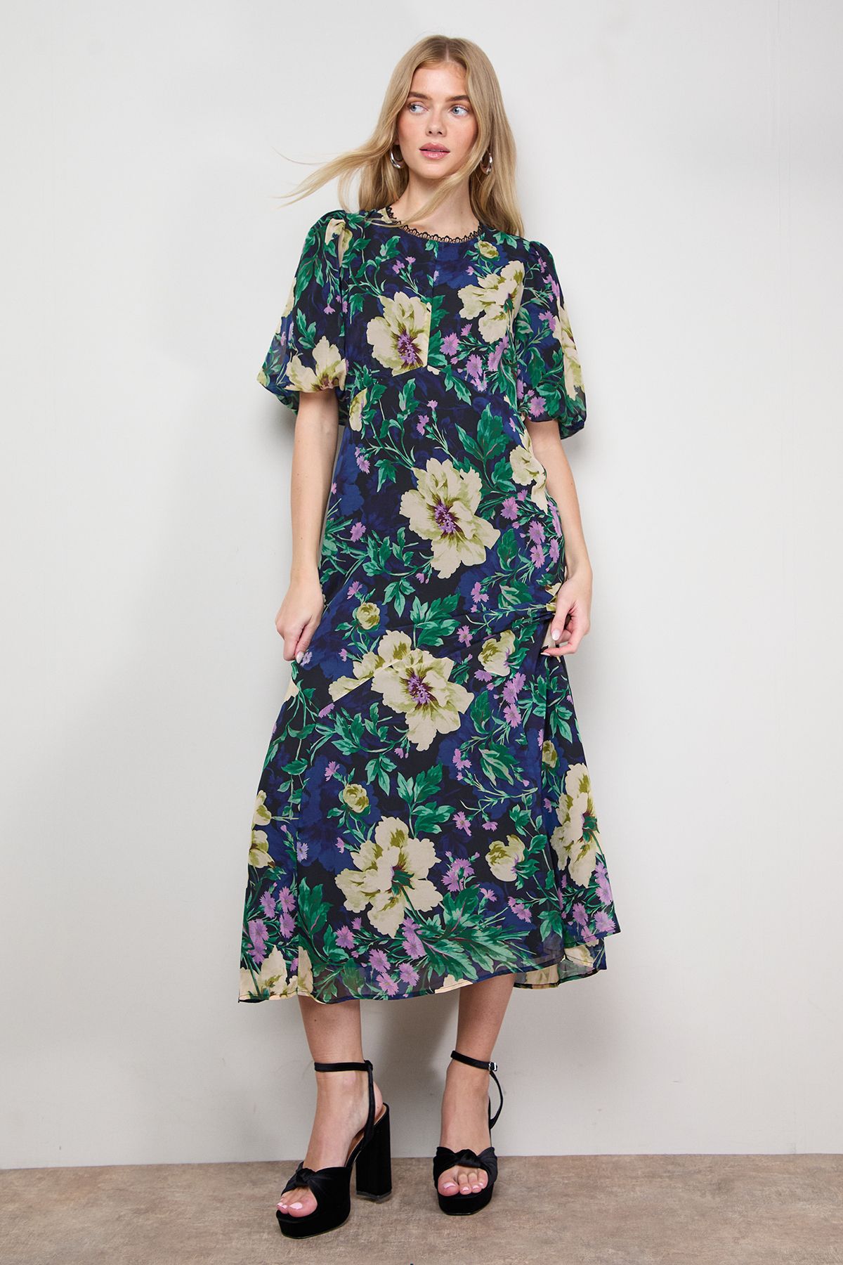 Oasis Puff Sleeve Trim Detail Panelled Tea Dress Navy image 2