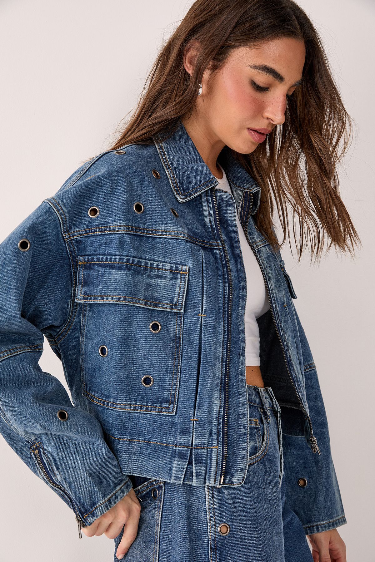 NastyGal Eyelet Utility Zip Through Denim Jacket Authentic Midwash image 1