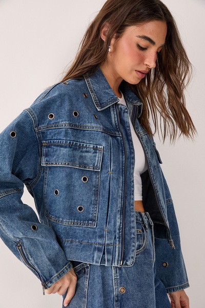 NastyGal Eyelet Utility Zip Through Denim Jacket Authentic Midwash