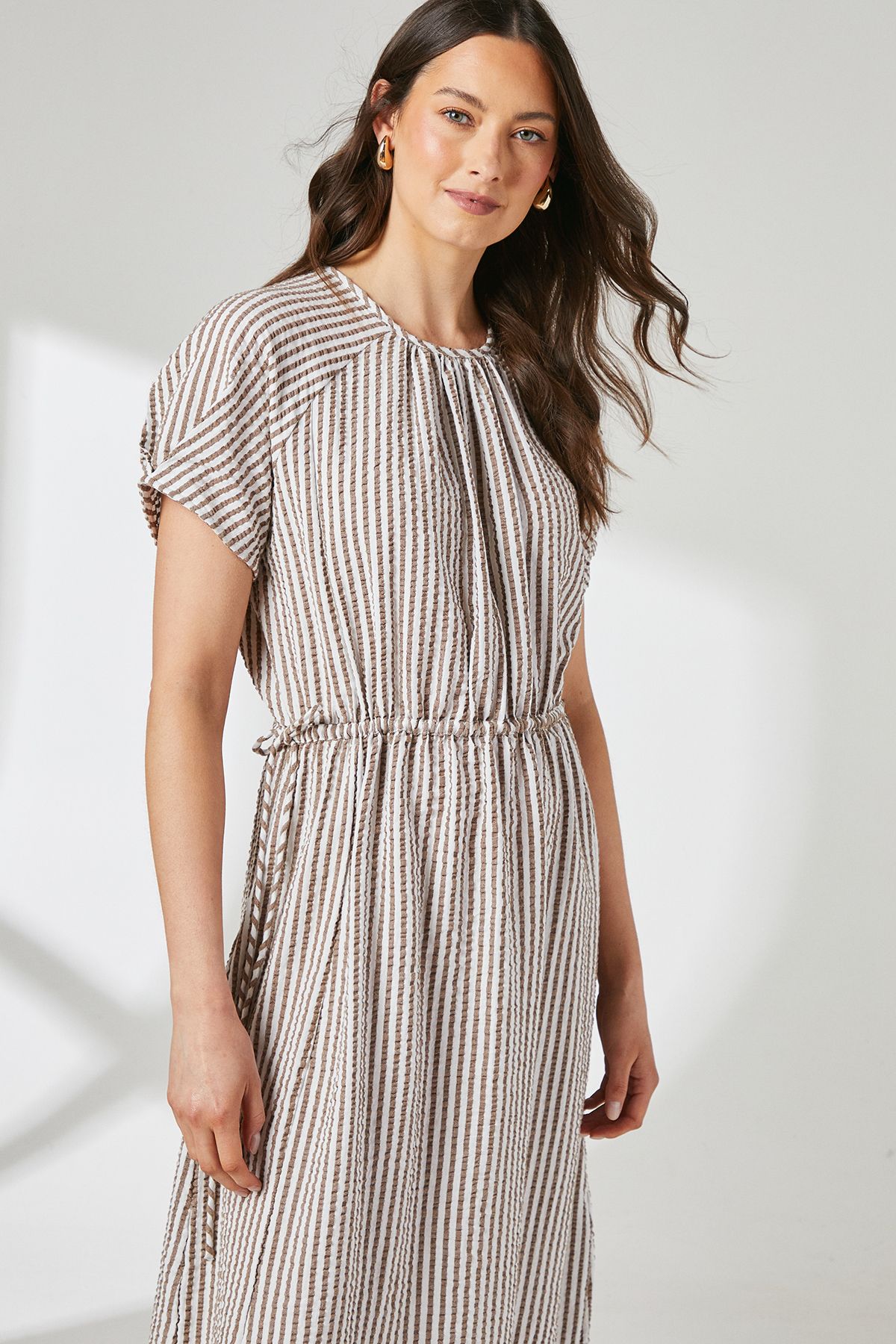 Principles Brown Stripe Gathered Tie Waist Midi Dress Brown image 4