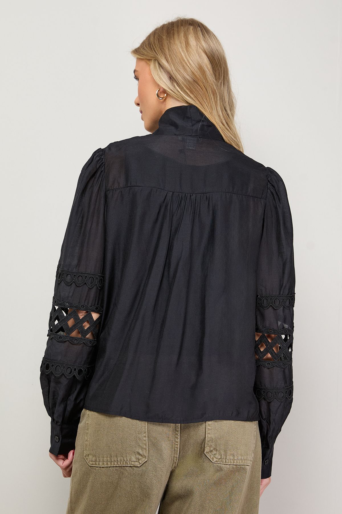 Oasis Cut Out Trim Detail Tie Neck Button Down Blouse Black image 3