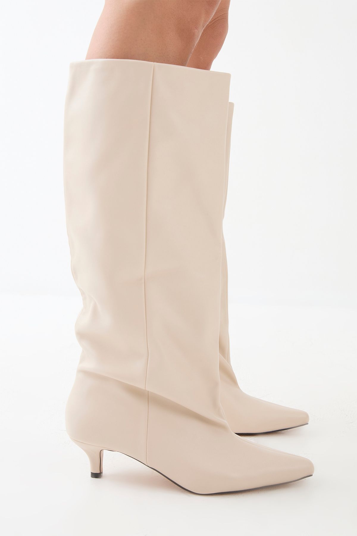 MissPap Low Stiletto Heel Knee High Boots Cream image 1