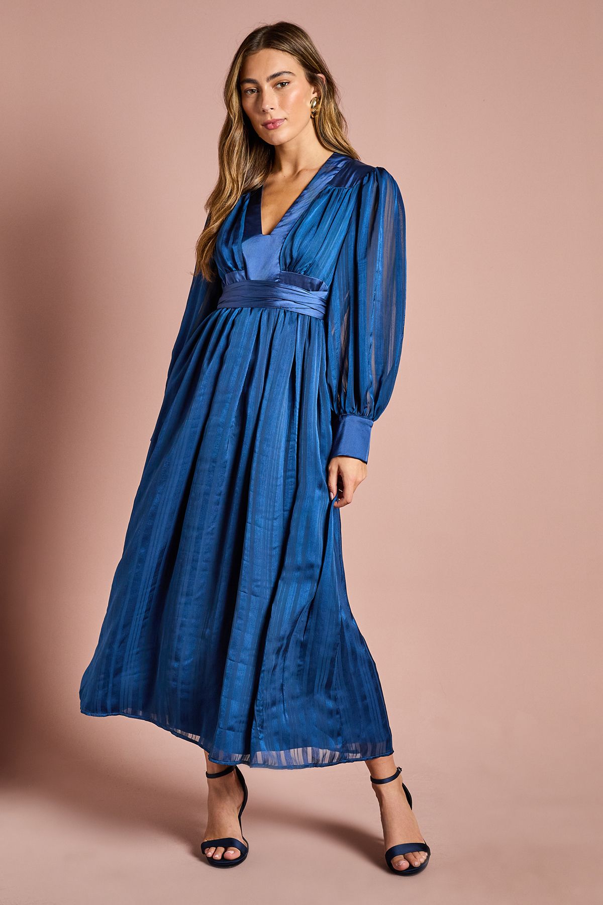 Coast Long Sleeve Stripe Jacquard Maxi V Neck Dress Navy image 1
