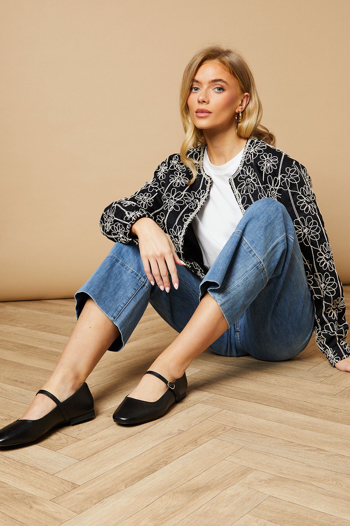 Oasis Belle Real Leather Mary Jane Square Toe Ballet Pumps Black image 2