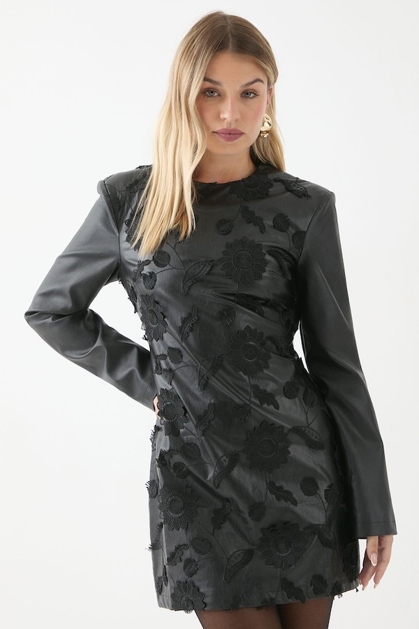 MissPap Embroidered Pu Mini Dress Black