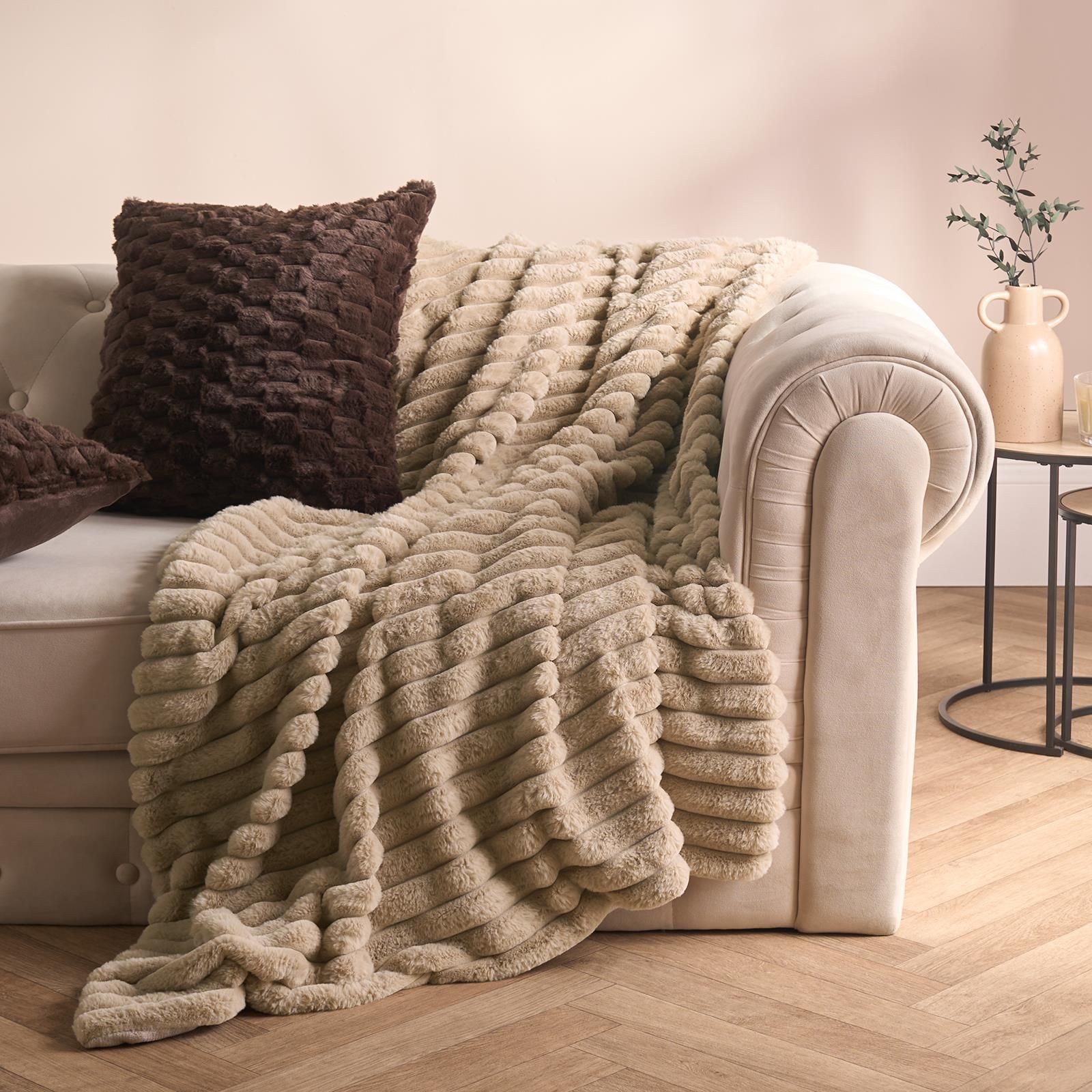 OHS Faux Fur Ribbed Fleece Throw Over Bed Blanket Winter Warm Supersoft image 1