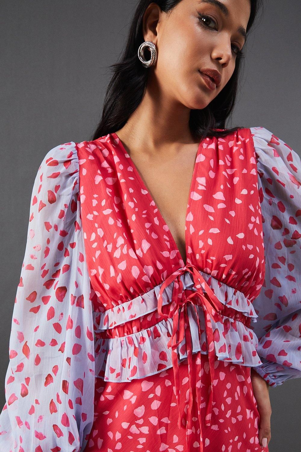 Warehouse Mixed Chiffon Ruffle Midi Tea Dress Red image 2