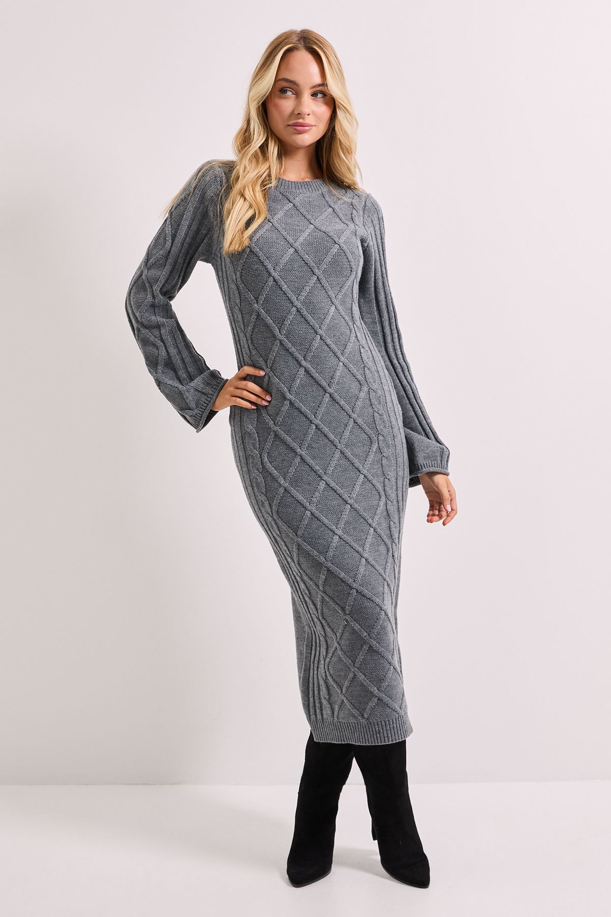 Dorothy Perkins Cable Detail Midi Dress Grey Marl image 1