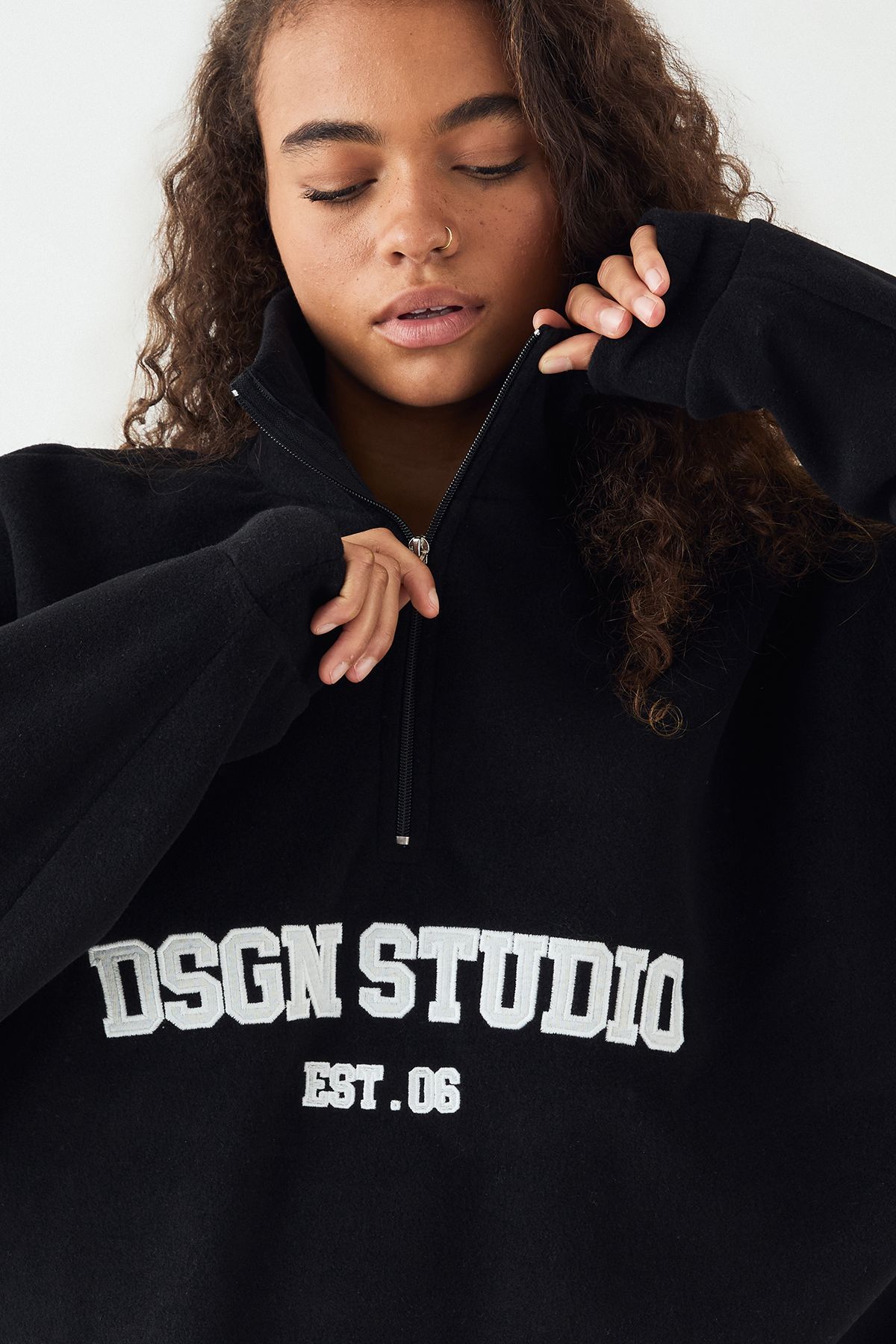 DSGN Studio DSGN Studio Slogan Embroidered Half Zip Oversized Polar Fleece Sweatshirt Black image 1