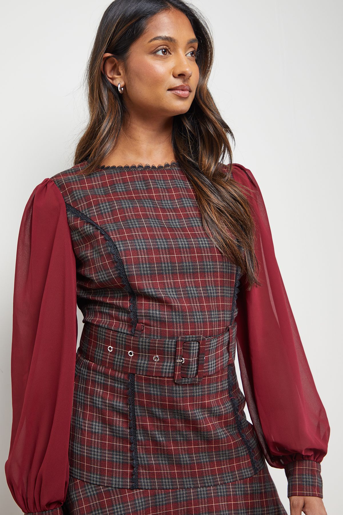 Oasis Checked Belted Balloon Sleeve Flippy Mini Dress Burgundy image 4