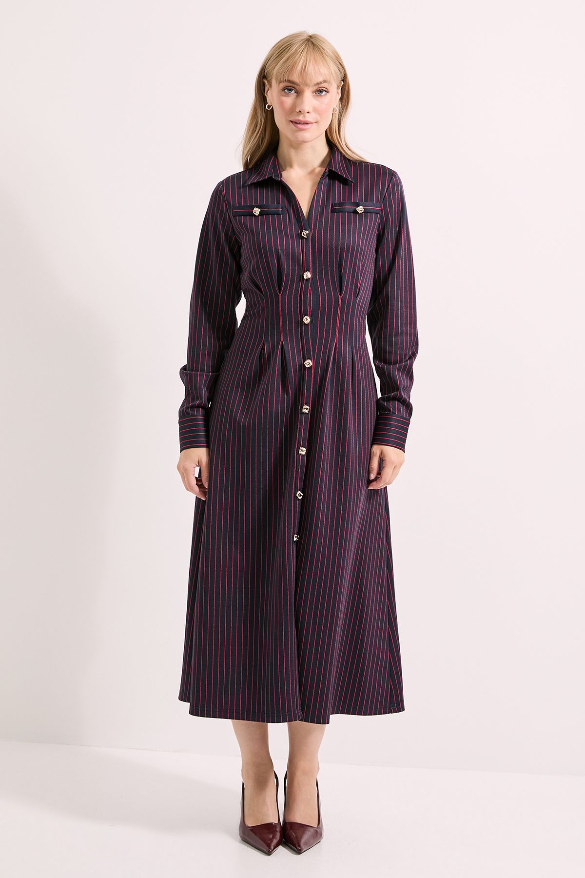 Principles Button Front Pinstripe Collared Shirt Dress Navy image 1
