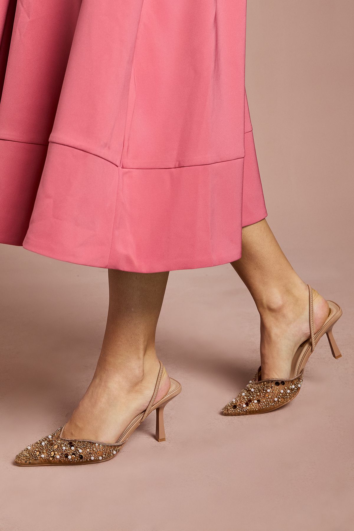 Coast Trinnie Faux Leather Sequin Mesh Medium Stiletto Heel Court Shoes Beige