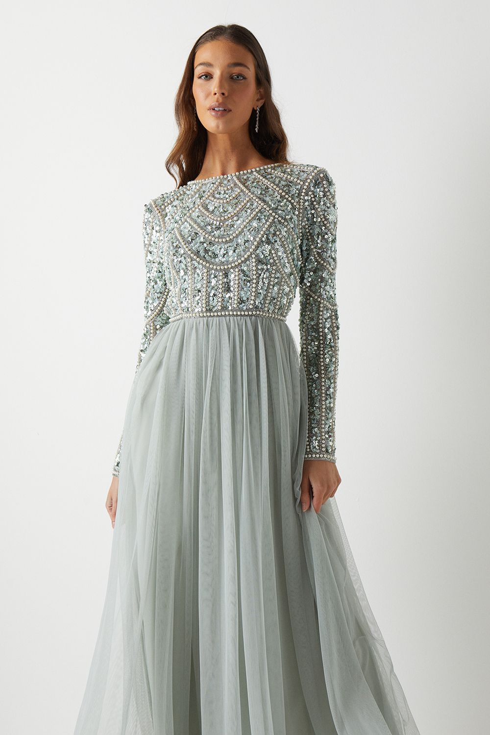 Coast Coast Honoured Long Sleeve Sequin Bodice Tulle Skirt Maxi Bridesmaid Dress Sage