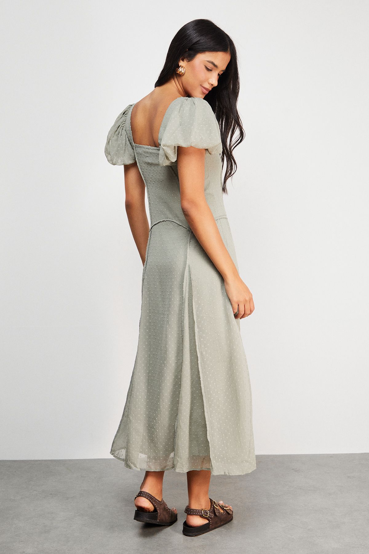 Warehouse Dobby Chiffon Button Bodice Godet Seam Midi Tea Dress Khaki image 3