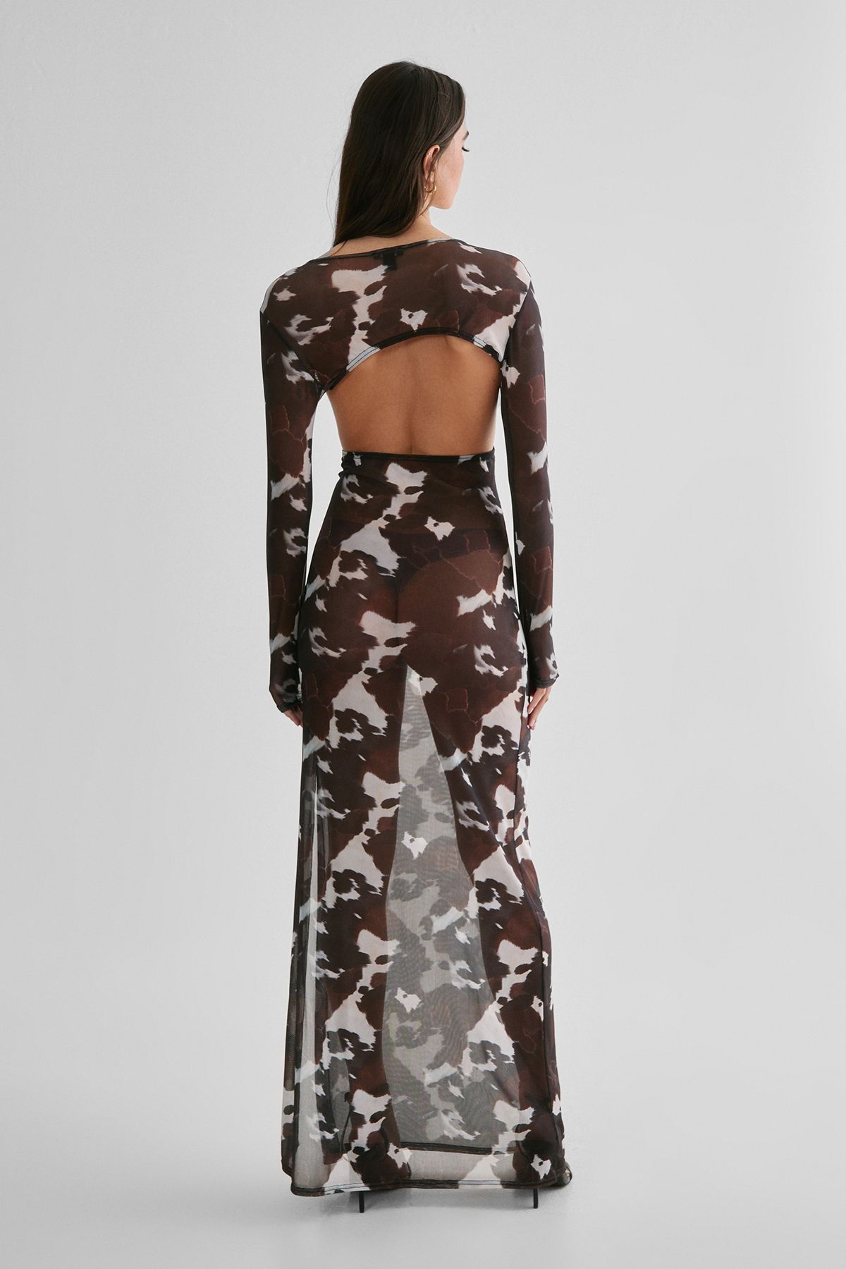 NastyGal Mesh Cut Out Cow Print Maxi Dress Animal image 4