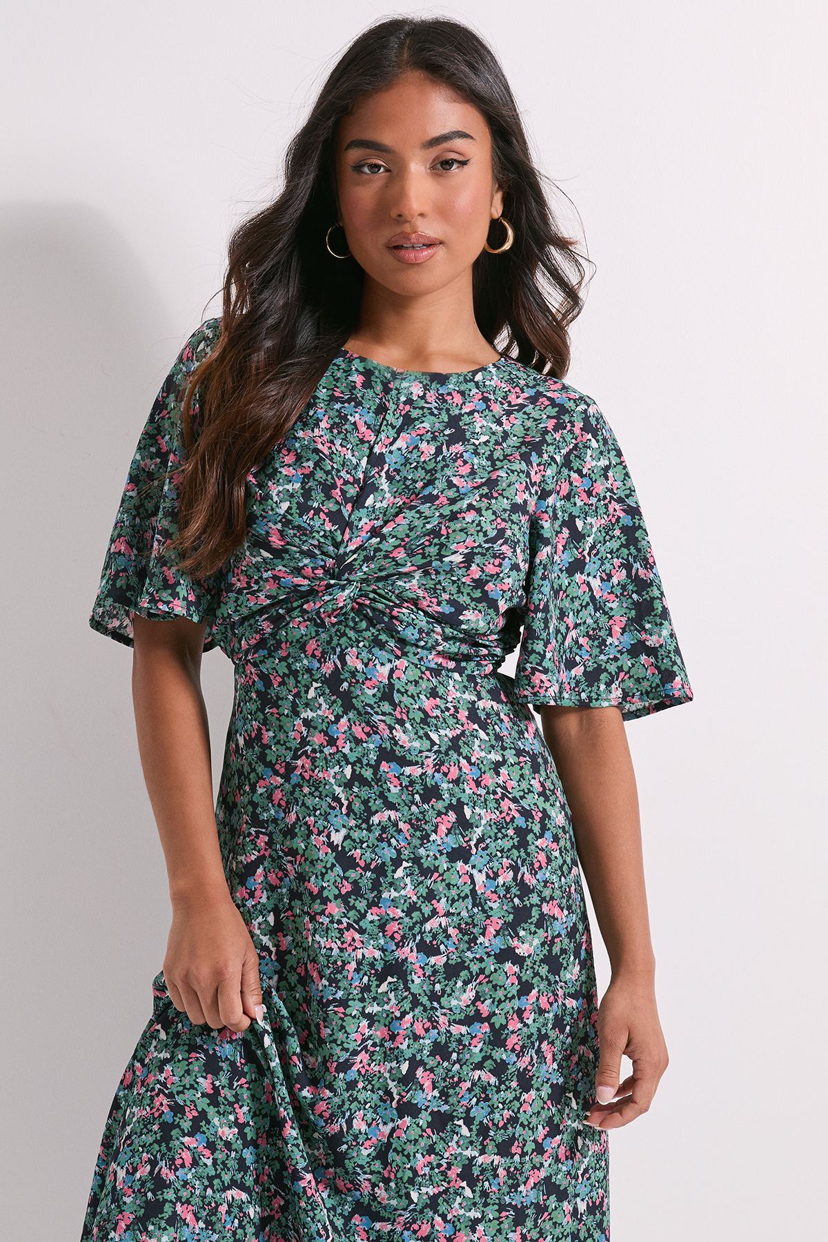 Dorothy Perkins Petite Ditsy Twist Front Angel Sleeve Midi Dress Floral image 2