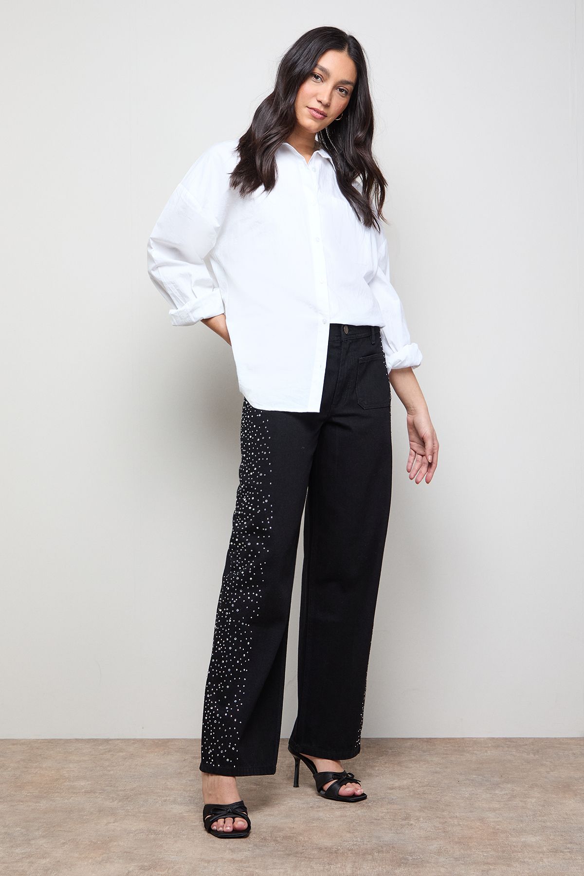 Oasis Hotfix Pocket Detail Wide Leg Jean Washed Black