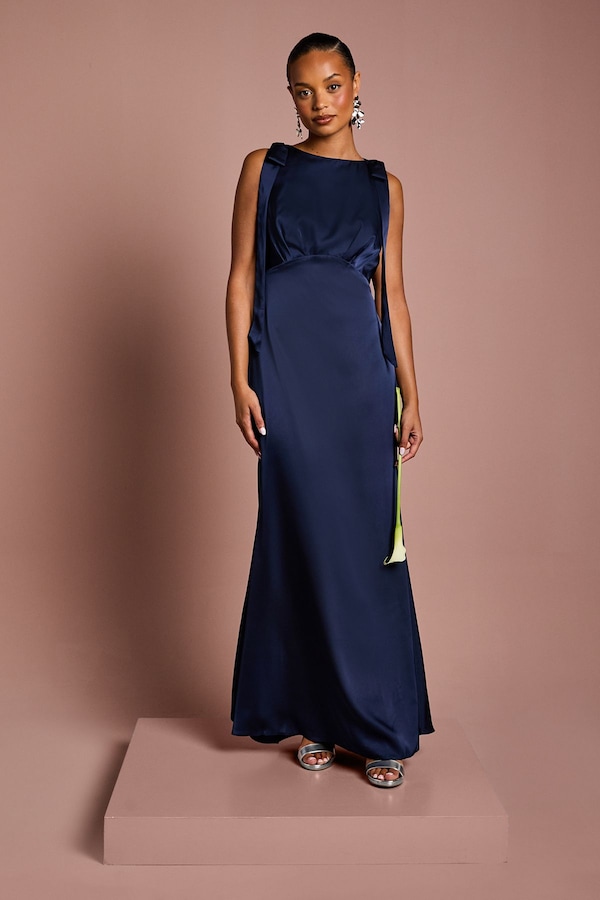 Coast Coast Honoured Petite Sleeveless High Neck Tie Shoulder Satin Maxi Bridesmaid Dress Navy