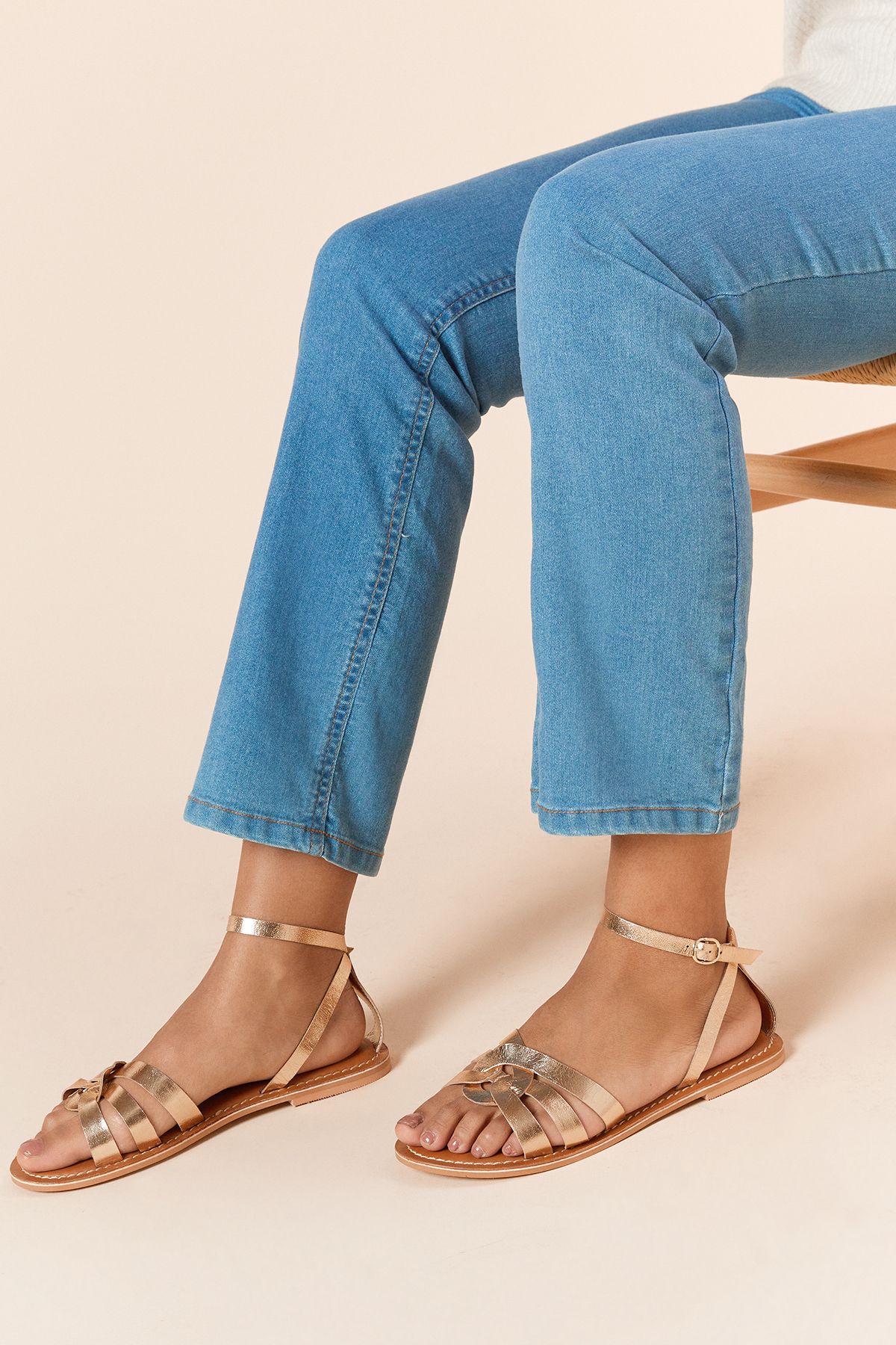 Dorothy Perkins Wide Fit Jaleesa Real Leather Woven Flat Sandals Gold image 1