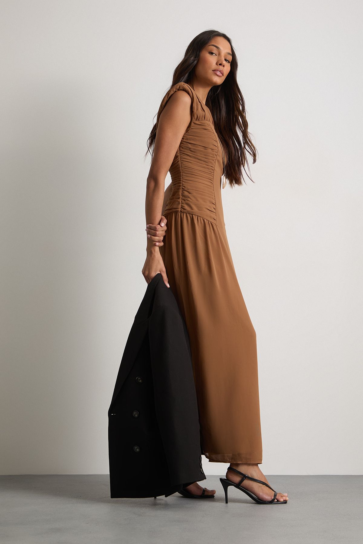 Warehouse Ruched Waist Sleeveless Shoulder Pad Detail Maxi Dress Mocha image 1