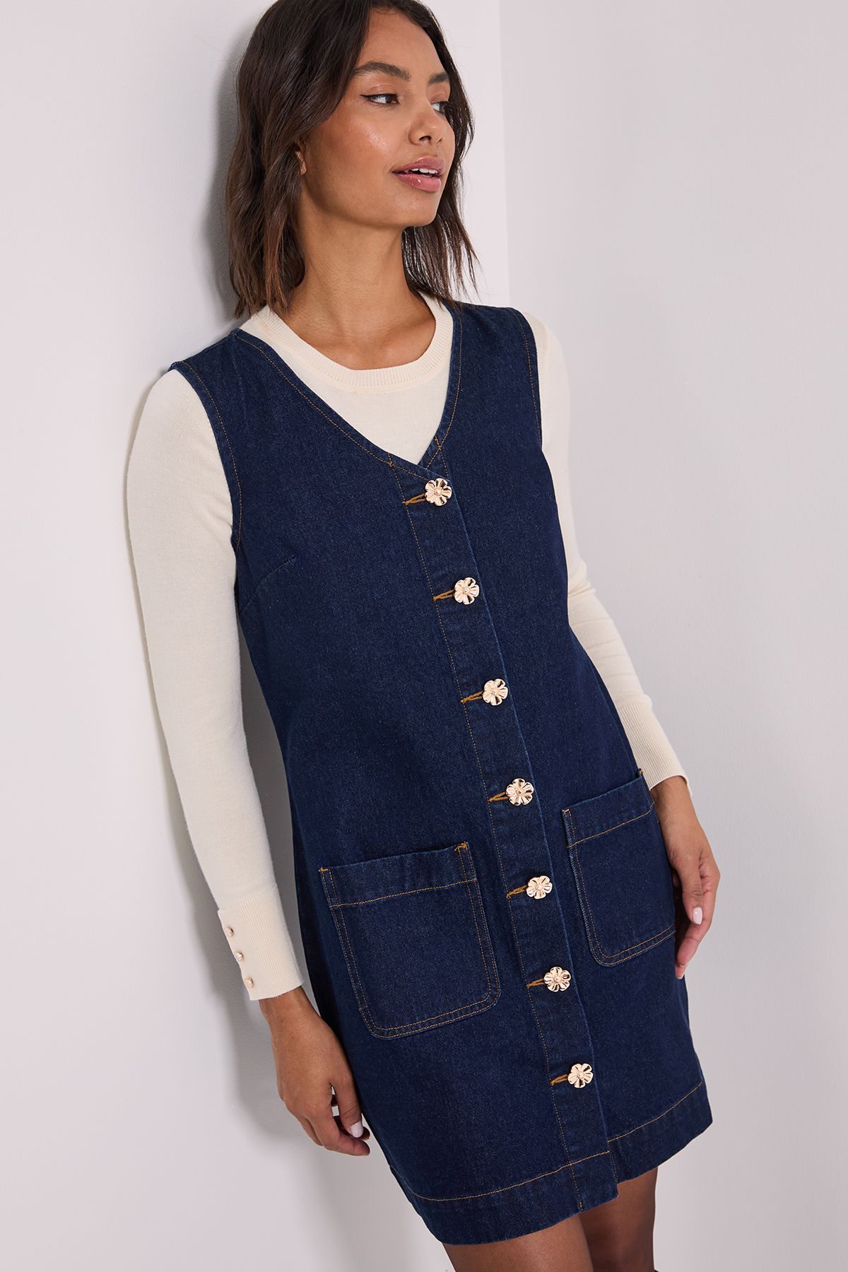 Dorothy Perkins V Neck Button Through Denim Mini Dress Indigo image 2