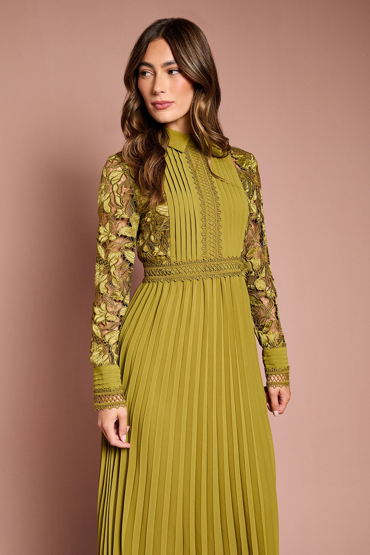 Coast Long Sleeve Lace and Pleated Midi Shirt Dress Olive image 2