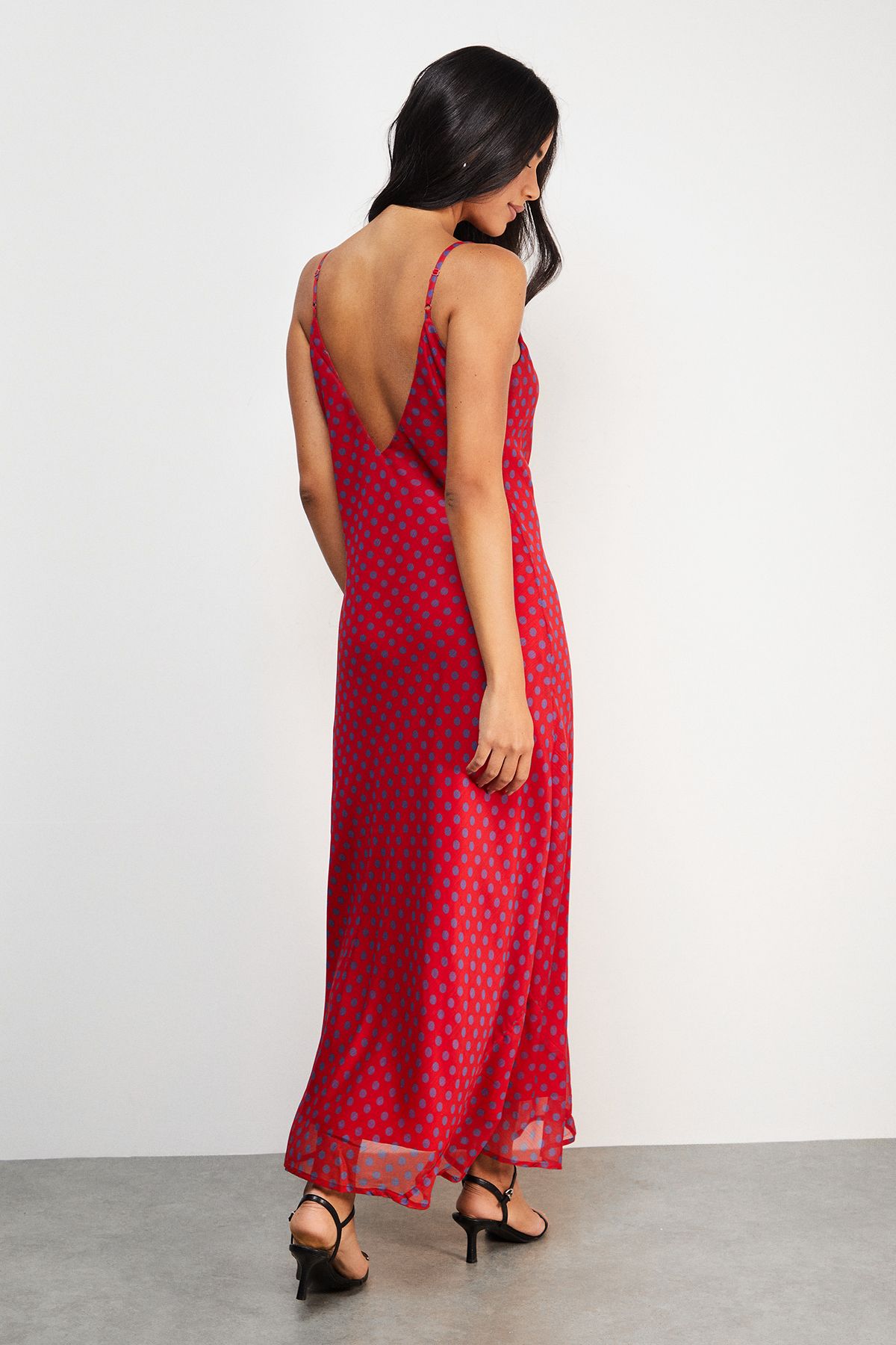 Warehouse Chiffon Spot Print Cowl Bias Strappy Maxi Dress Red image 3