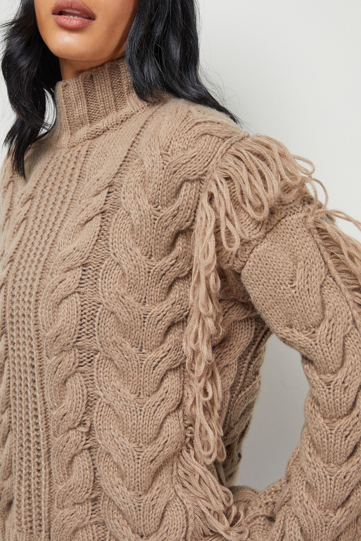 Warehouse Fringe Cross Back Cable Jumper Mocha image 4