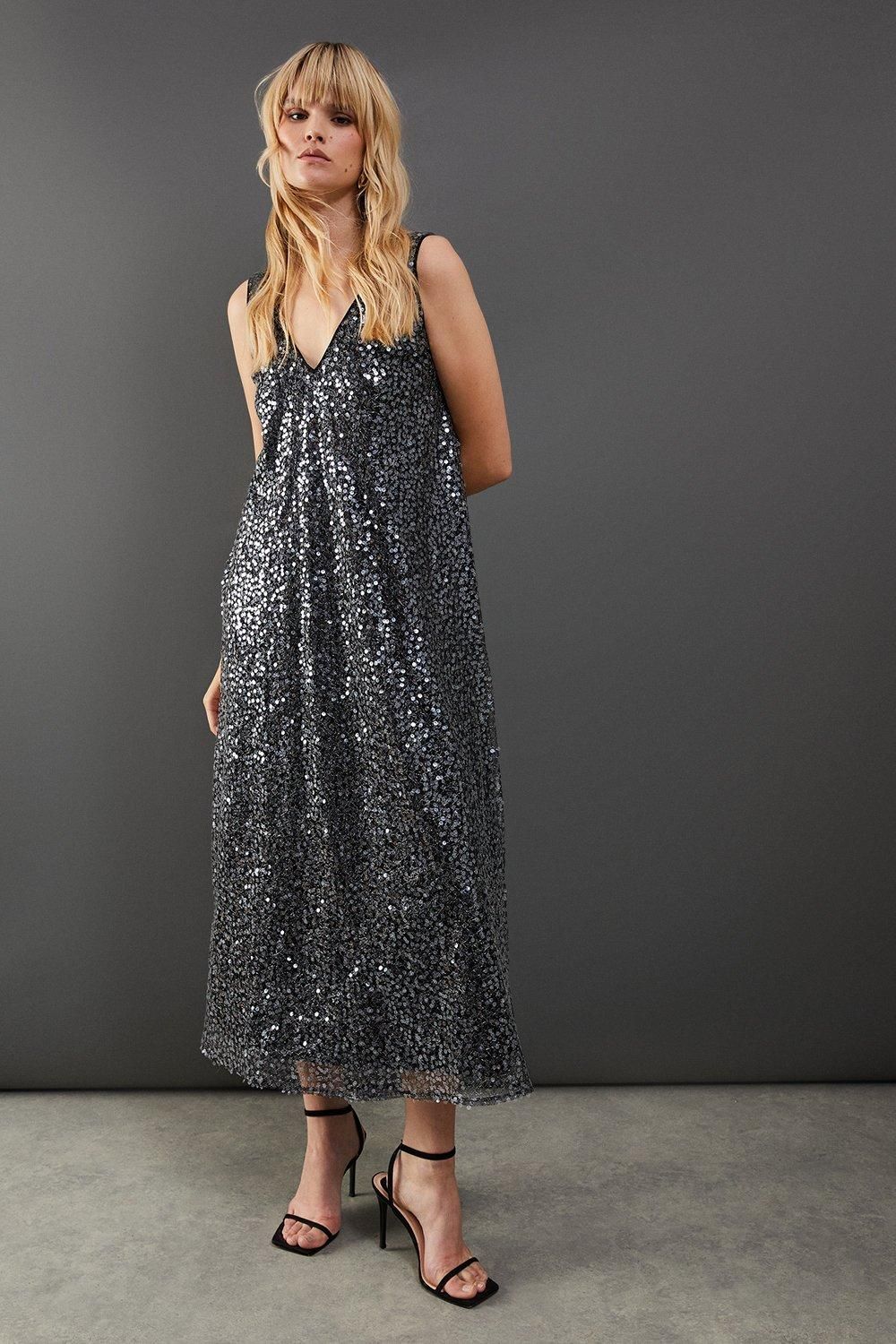 Warehouse Sequin Mesh V Neck Trapeze Midi Dress Silver image 1