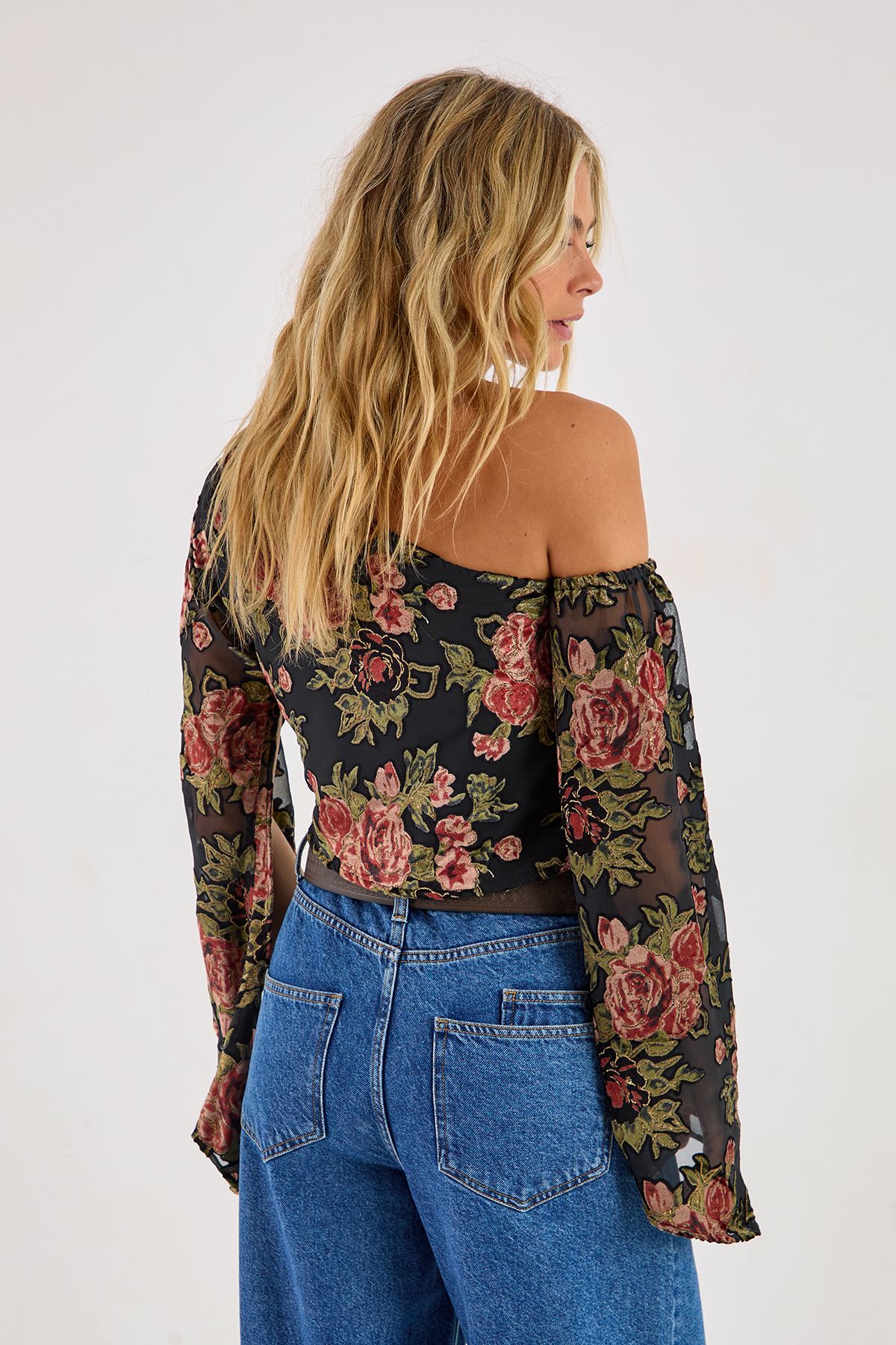 NastyGal Floral Devore Off The Shoulder Fluted Sleeve Top Black image 4