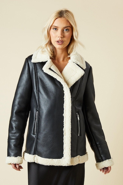 Dorothy Perkins Faux Leather Longline Aviator Jacket Black