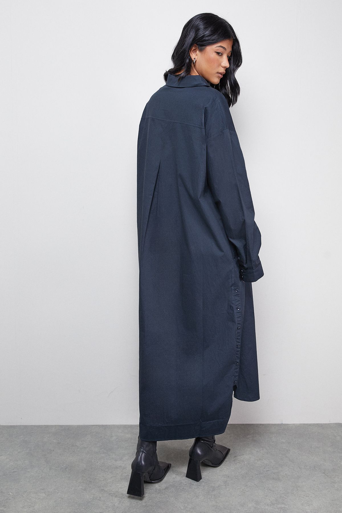 Warehouse Cotton Button Side Placket Oversized Midi Shirt Dress Navy image 3