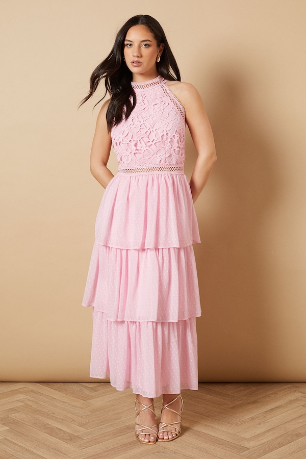 Oasis Lace Tiered Halterneck Midi Dress Pink
