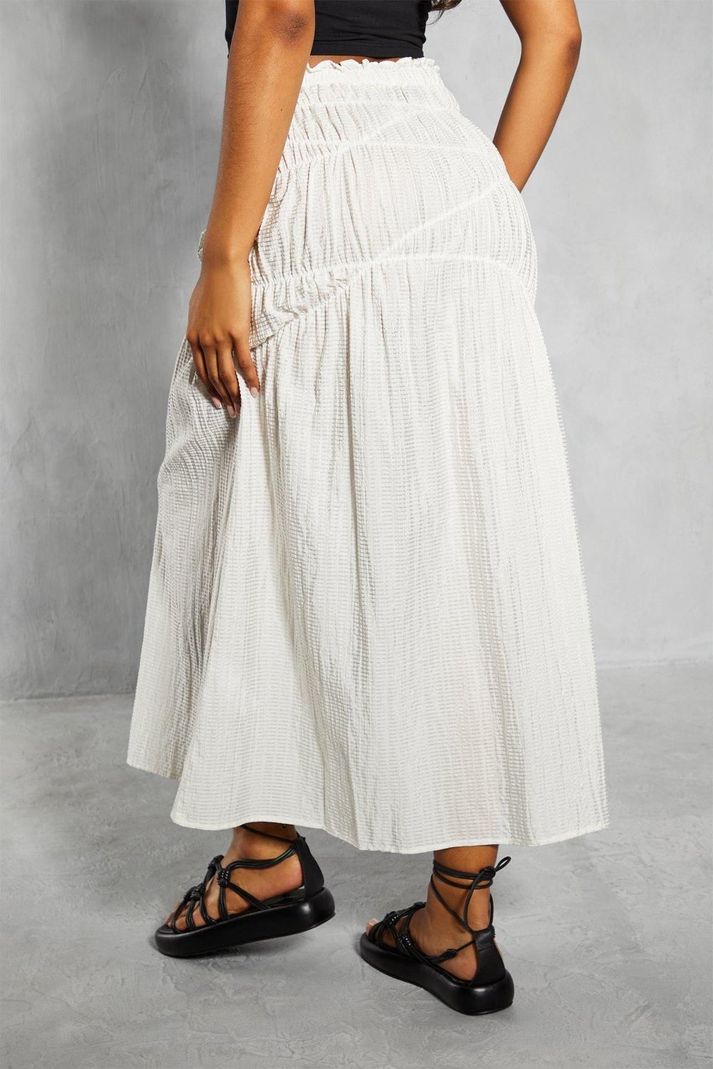 MissPap Elastic Detail Textured Maxi Skirt White image 3