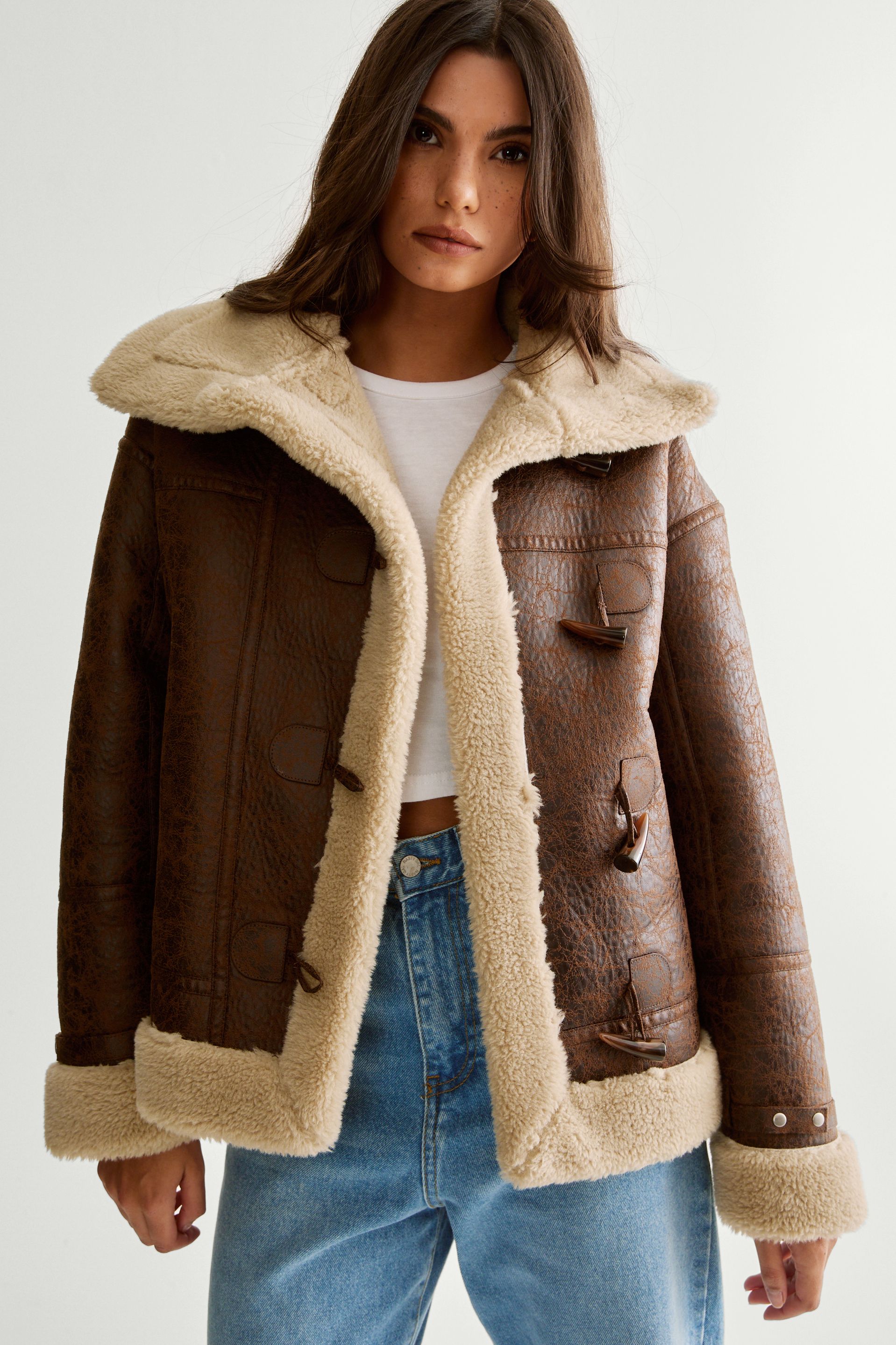 NastyGal Duffle Front Bonded Fur Aviator Brown image 1