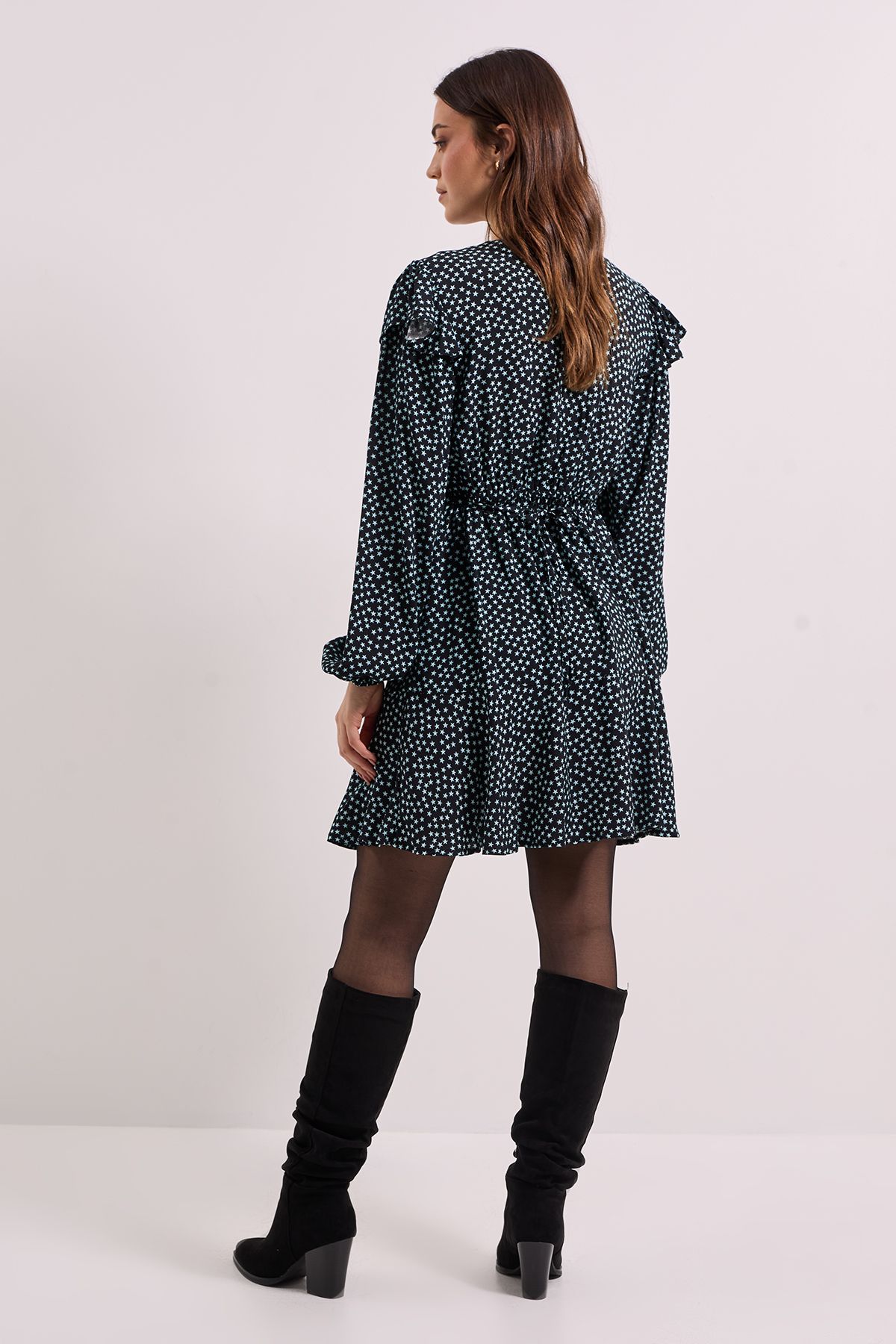 Dorothy Perkins Frill Detail Blouson Sleeve Tie Back Tiered Printed Mini Dress Black image 3