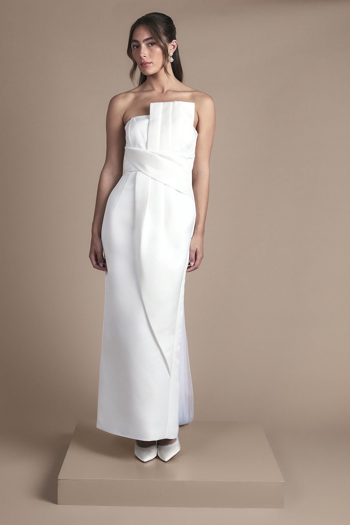 Coast Strapless Oversized Bow and Twist Waist Detail Column Maxi Wedding Dress White