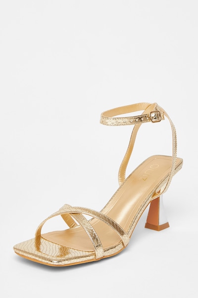 Quiz Gold Cross Strap Flared Heels