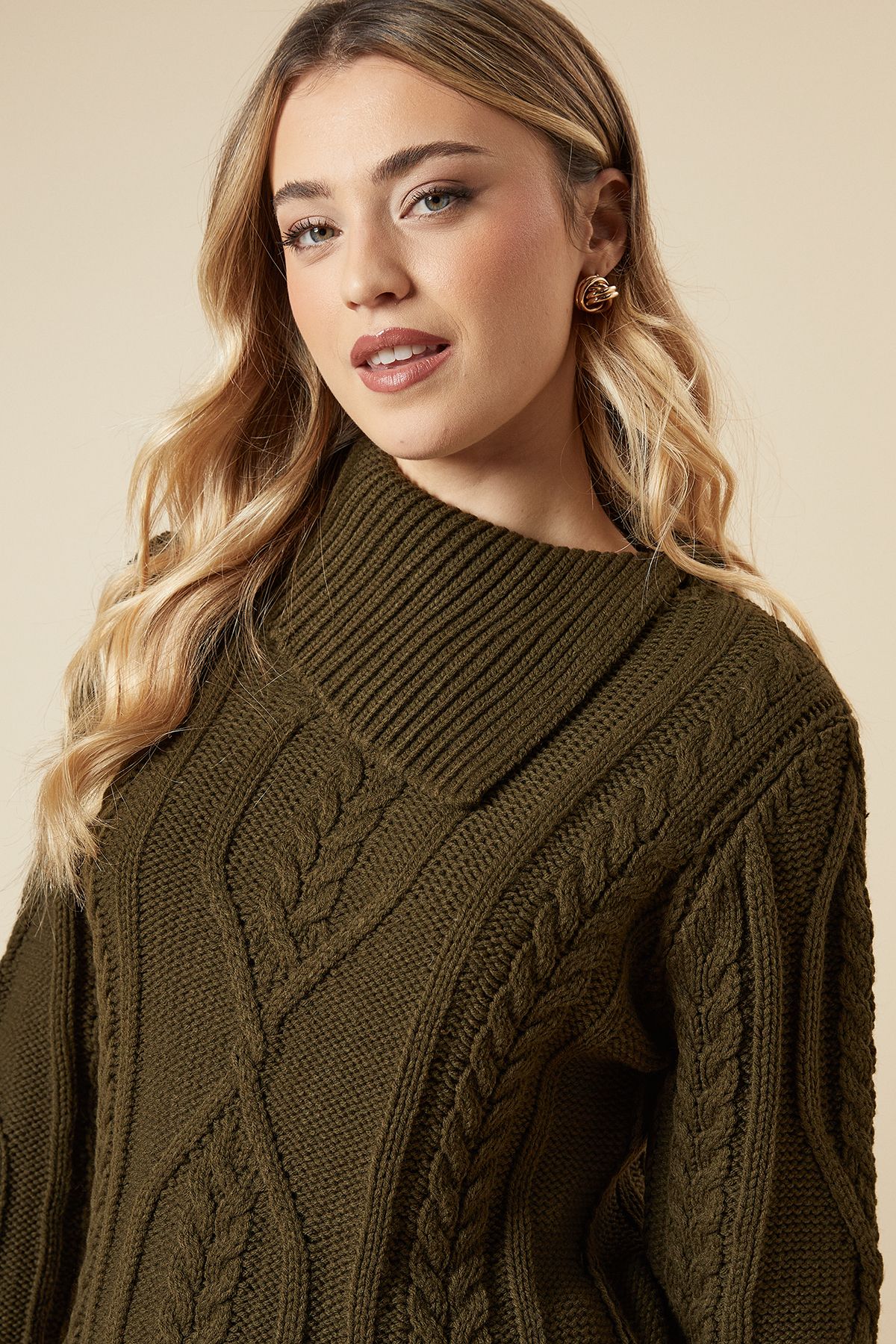 Dorothy Perkins Cable Knit Split Neck Jumper Khaki image 2