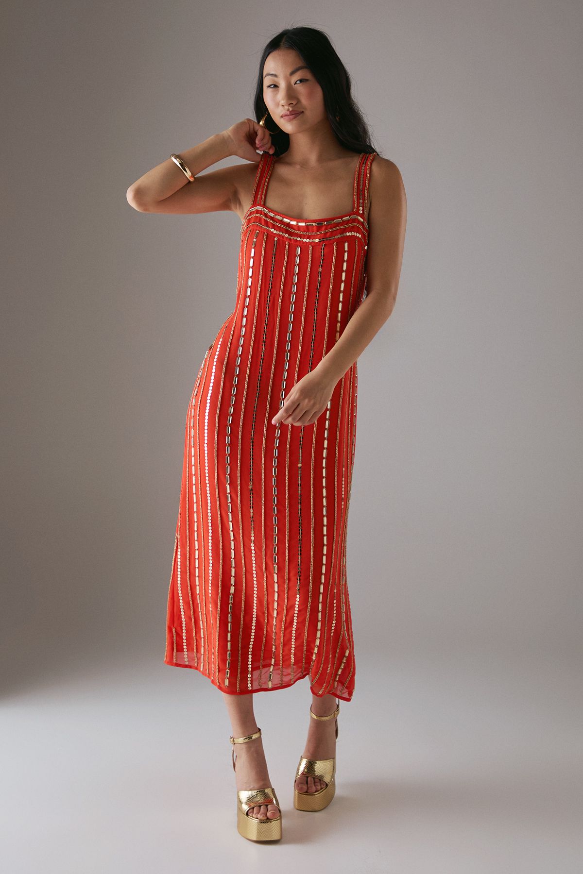 Warehouse Petite Hand Embellished Square Neck Strappy Midi Dress Burnt Orange image 1