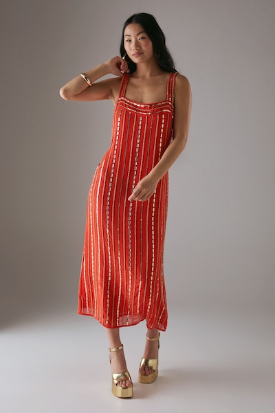 Warehouse Petite Hand Embellished Square Neck Strappy Midi Dress Burnt Orange
