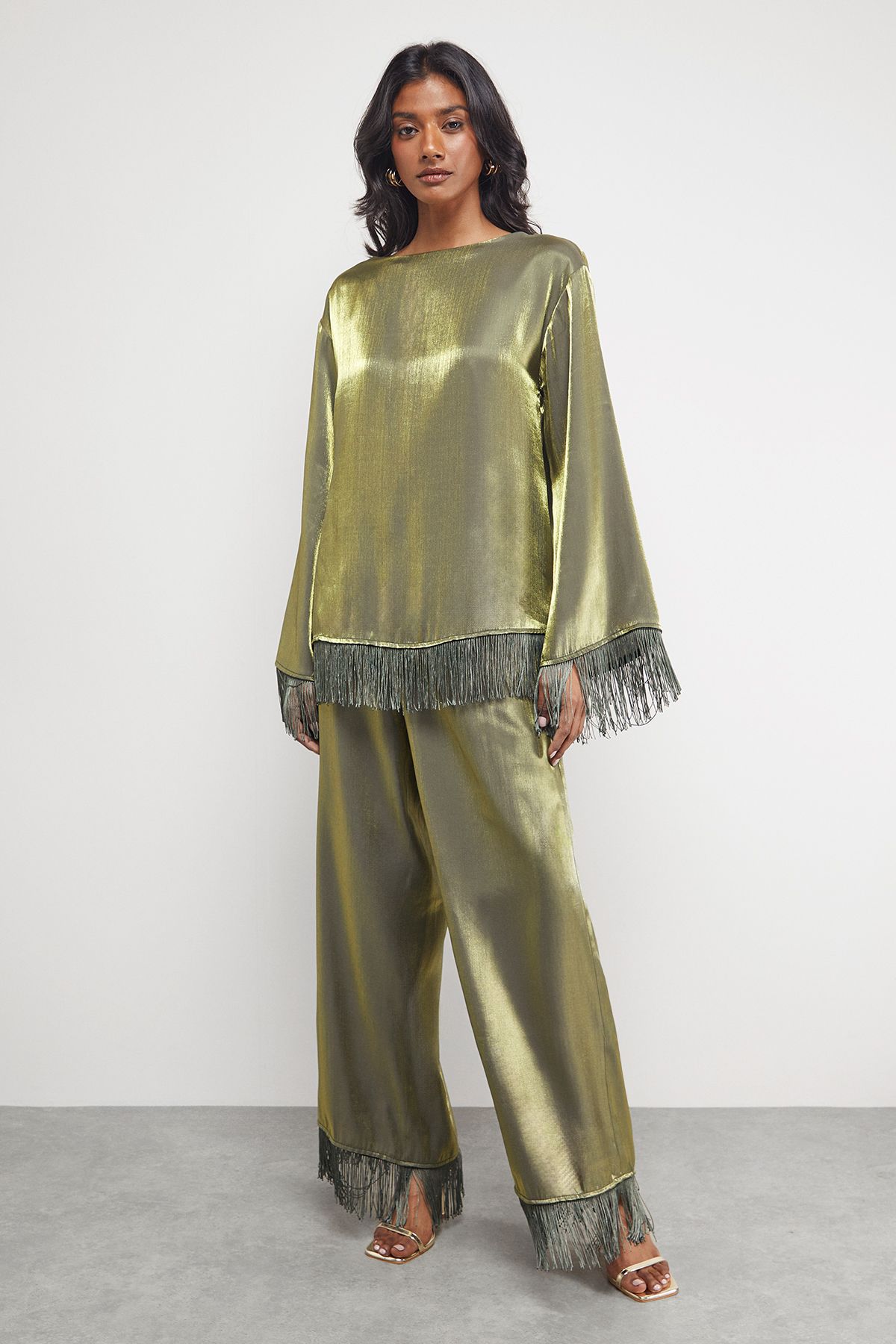 Warehouse Satin Fringe Hem Oversized Top Dark Olive image 2