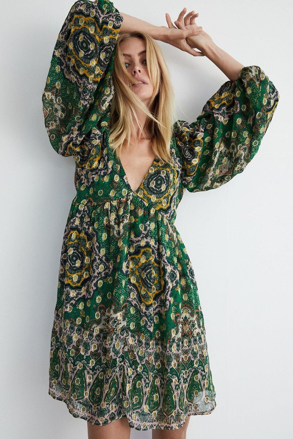 Warehouse Sparkle Border Print V Neck Mini Dress Green