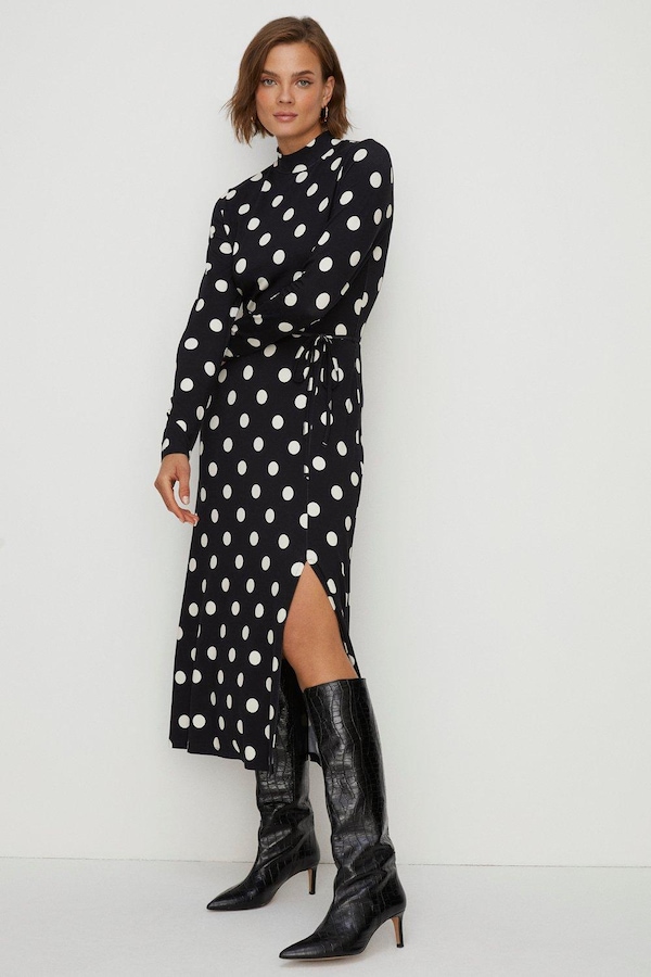 Oasis Jersey Spot Funnel Neck Belted Midi Dress Black
